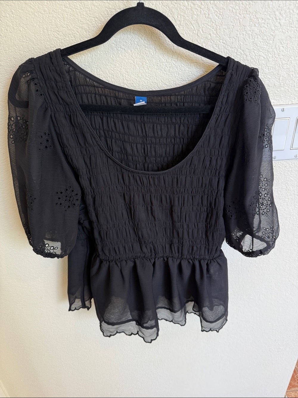 Old Navy Black Smocked Peplum Puff Sleeve Blouse